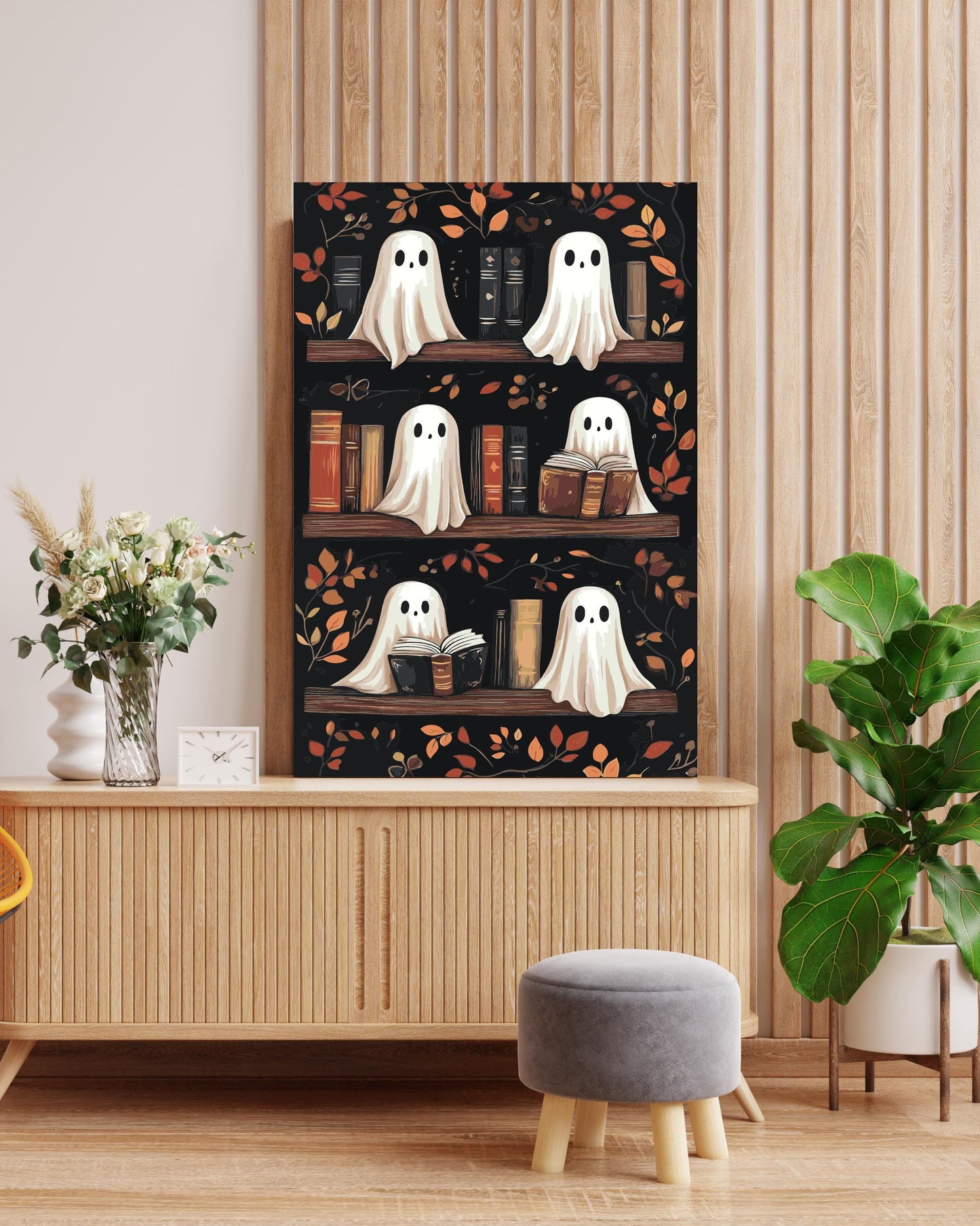 Ghost Bookshelf Paint by Numbers Kit – Cute Halloween Ghosts with Books – Cozy Autumn DIY Painting for Book Lovers & Spooky Decor Numerio
