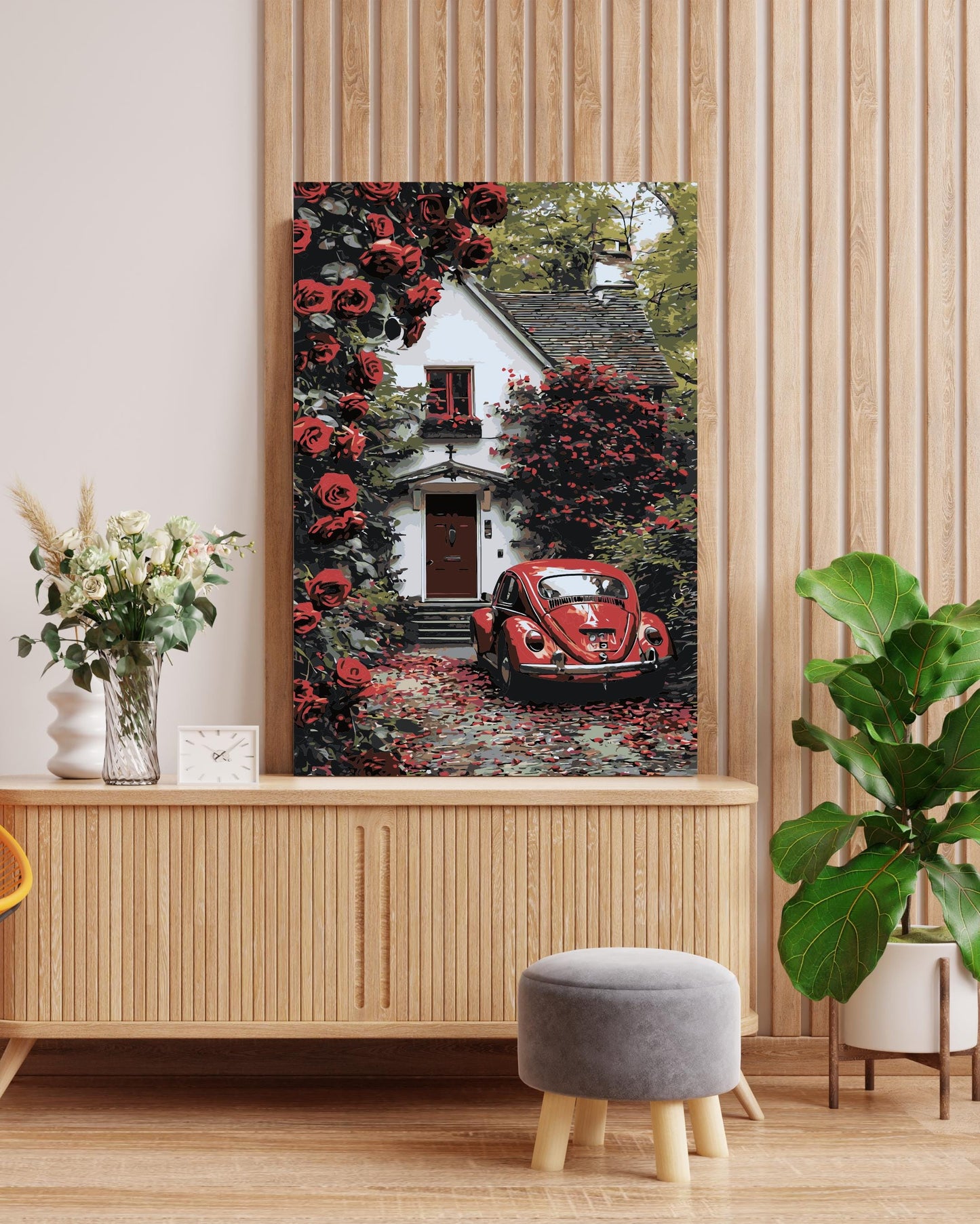 Romantic Cottage Paint by Numbers Kit - Red Roses & Vintage Car Numerio