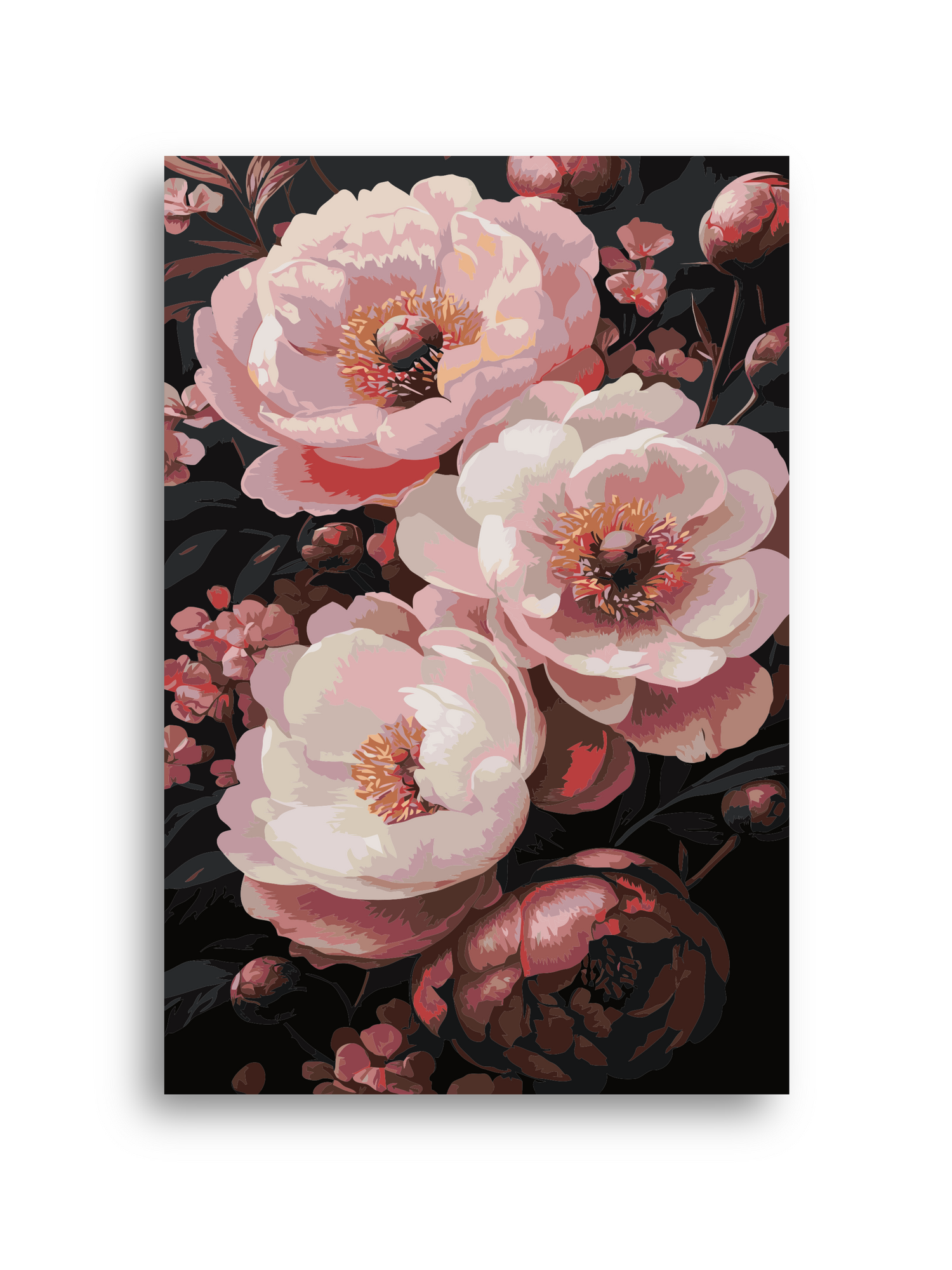 Colorful bouquet of flowers with detailed petals and leaves in a paint by numbers art style