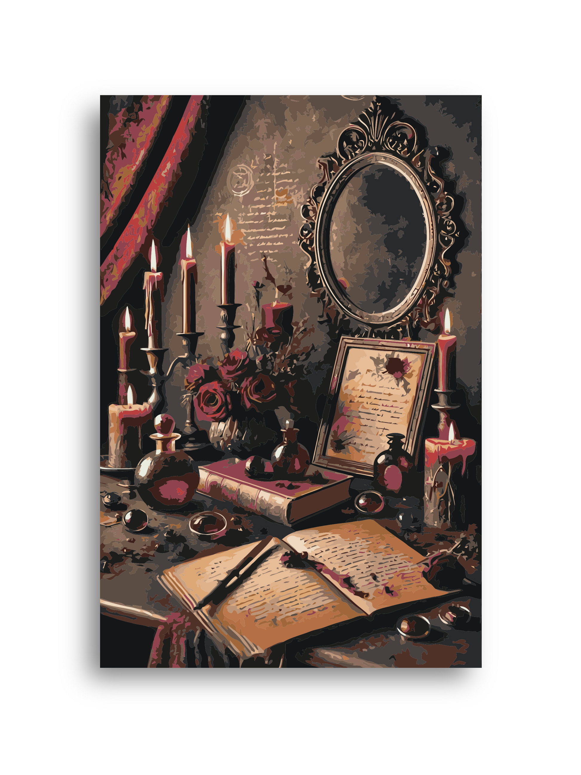 Vintage Gothic Paint by Numbers Kit – Antique Mirror, Candles & Red Roses Still Life Numerio