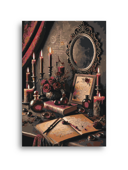 Vintage Gothic Paint by Numbers Kit – Antique Mirror, Candles & Red Roses Still Life Numerio