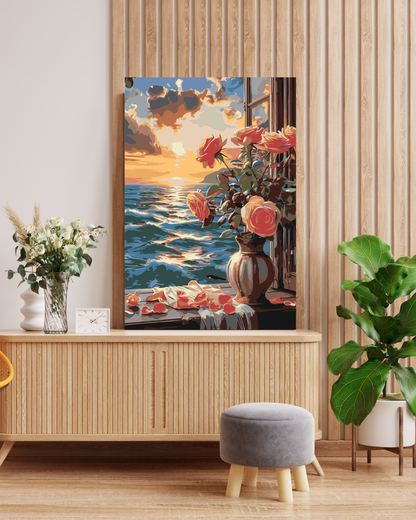 Flowers In Vase By The Window Paint By Numbers | DIY Canvas Art Kit | Sea View Floral Wall Decor