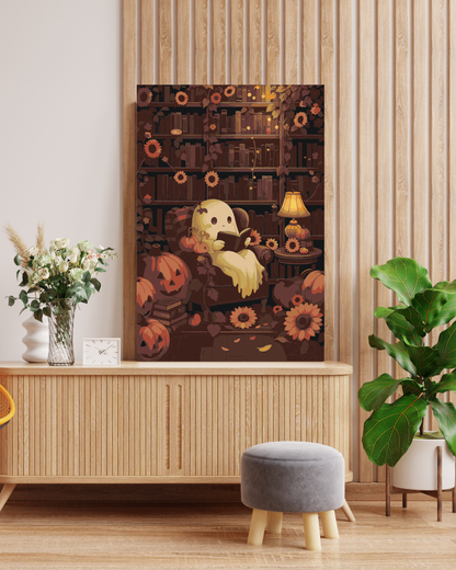 Ghost Reading in Library Paint By Numbers Kit: Spooky Halloween Pumpkin DIY Art for Adults