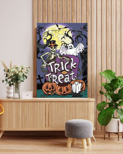 Trick or Treat Halloween Paint By Numbers Kit – Skeleton, Ghost & Pumpkins DIY Painting, Spooky Wall Art for Adults & Kids