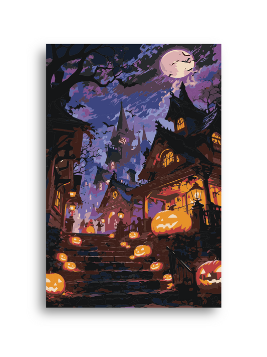 Halloween Haunted Town Paint by Numbers Kit - Pumpkins & Lanterns Scene Numerio