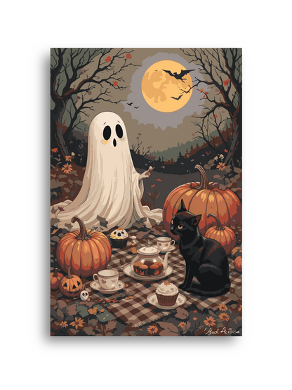 Ghost and Black Cat Halloween Paint By Numbers Kit | Pumpkin Tea Party DIY Canvas Art | Spooky Autumn Painting for Adults