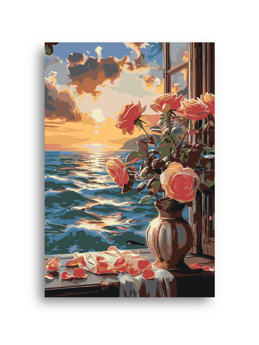 Flowers In Vase By The Window Paint By Numbers | DIY Canvas Art Kit | Sea View Floral Wall Decor