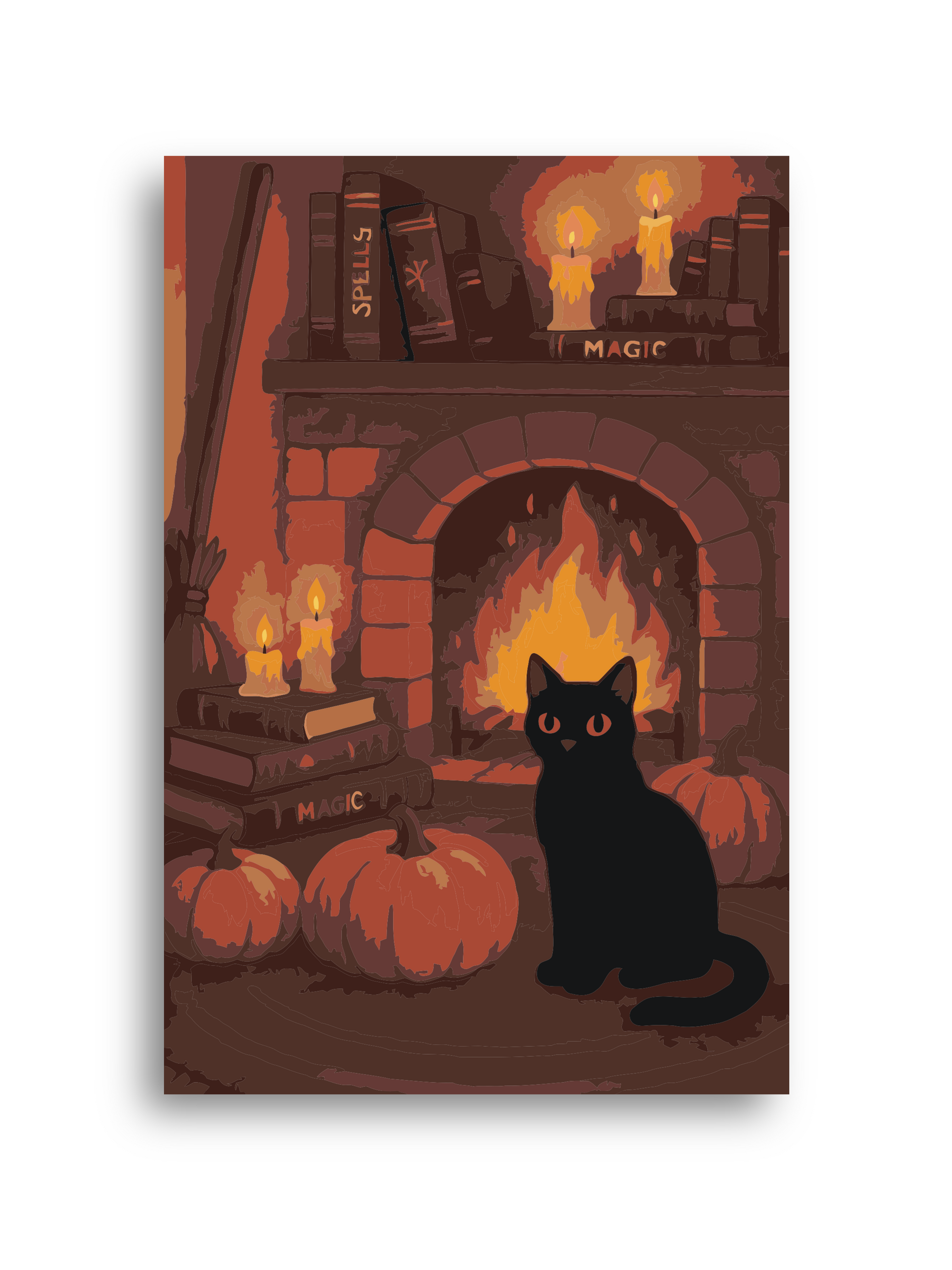 Black Cat Paint by Numbers Kit: Witchy Halloween Fireplace Art Numerio