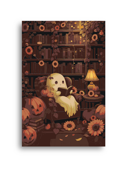 Ghost Reading in Library Paint By Numbers Kit: Spooky Halloween Pumpkin DIY Art for Adults