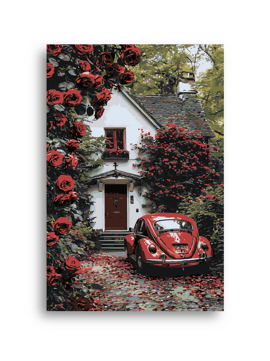 Romantic Cottage Paint by Numbers Kit - Red Roses & Vintage Car Numerio