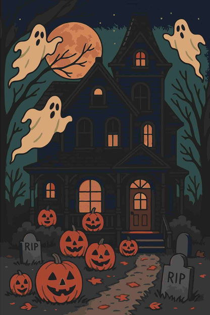 Spooky Halloween scene with haunted house, ghosts, pumpkins, and tombstones under a full moon.