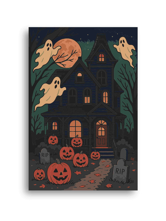 Halloween-themed illustration of a haunted house with ghosts, pumpkins, and tombstones.
