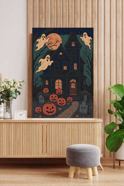 Halloween-themed wall art above a wooden cabinet with decorative elements.