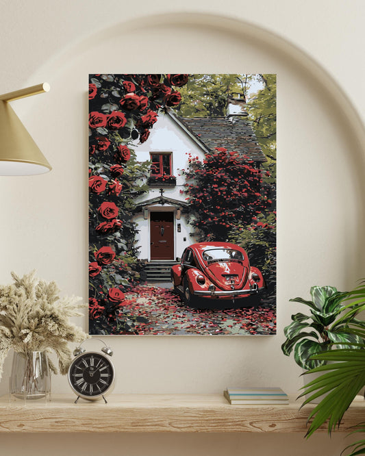 Romantic Cottage Paint by Numbers Kit - Red Roses & Vintage Car Numerio