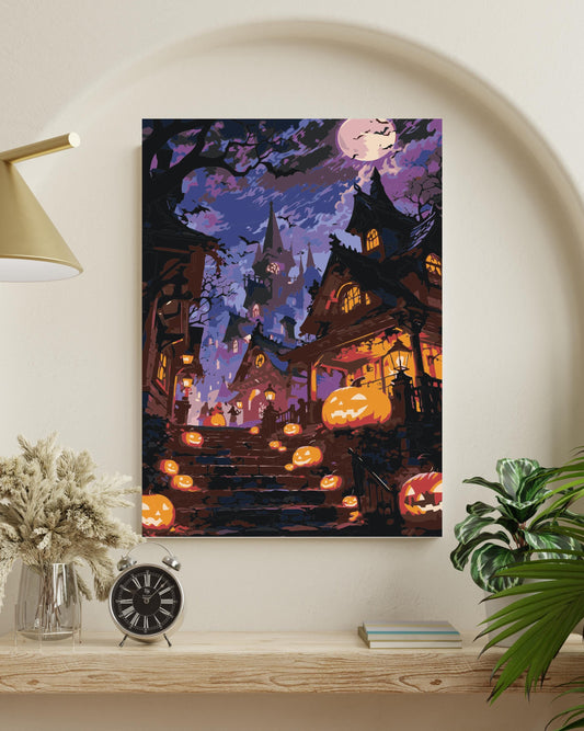 Halloween Haunted Town Paint by Numbers Kit - Pumpkins & Lanterns Scene Numerio