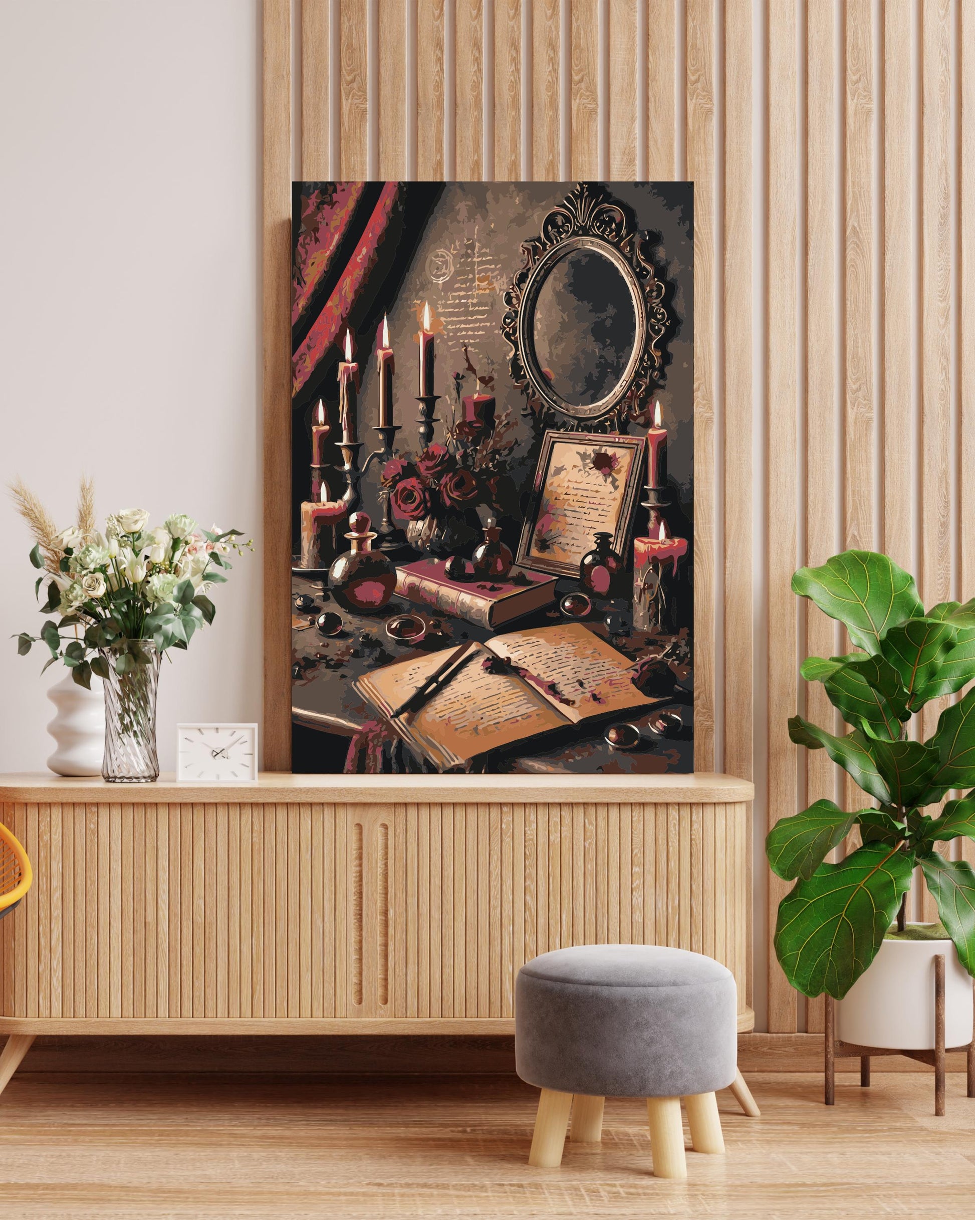 Vintage Gothic Paint by Numbers Kit – Antique Mirror, Candles & Red Roses Still Life Numerio