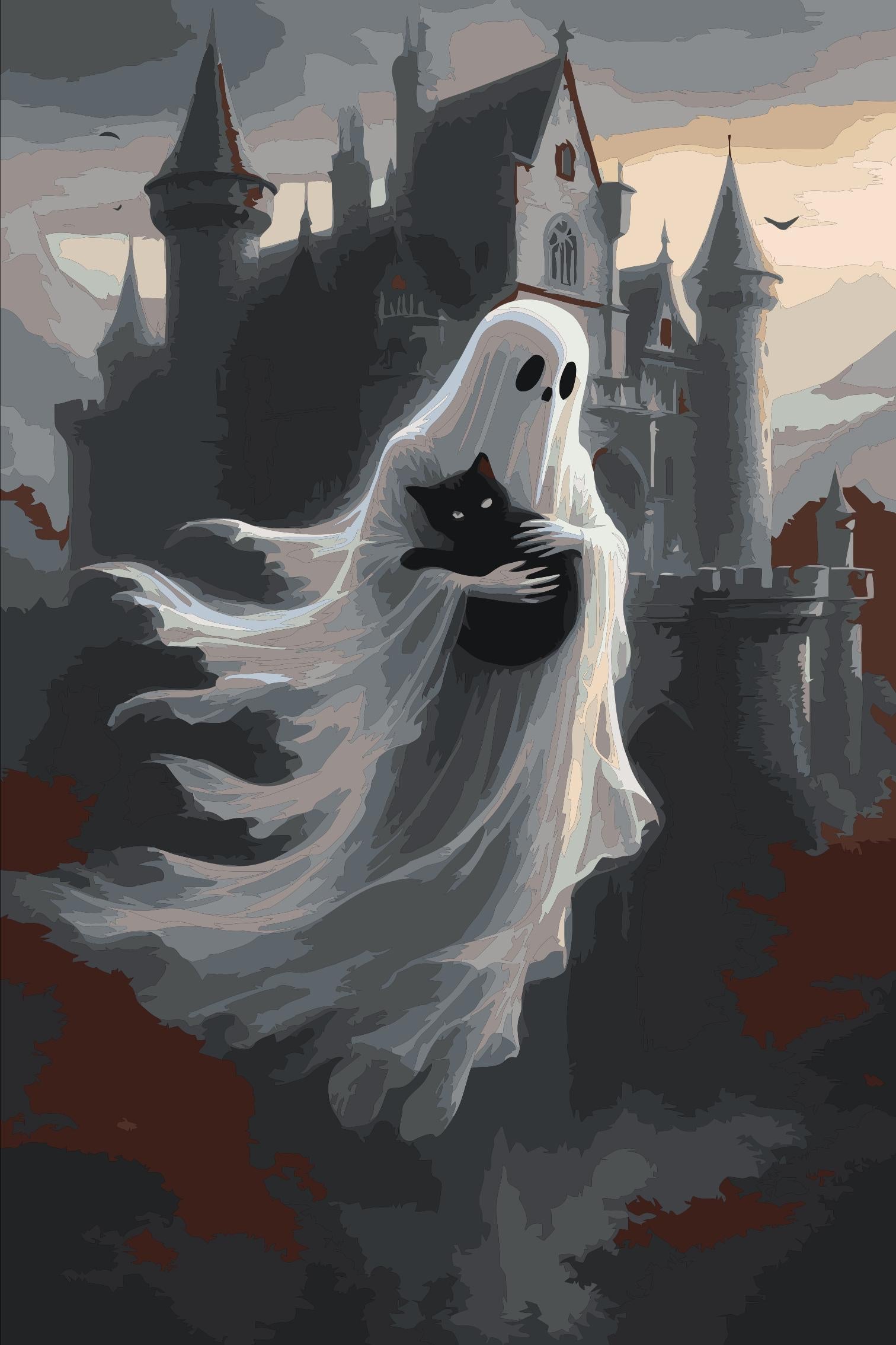 Gothic Ghost & Black Cat Paint by Numbers Kit: Spooky Halloween DIY Canvas Art Numerio