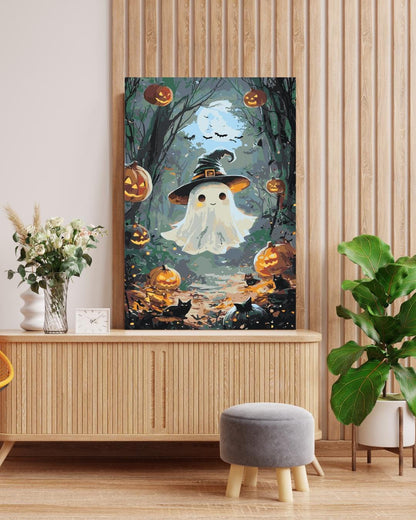 Cute Ghost Paint by Numbers Kit | Halloween Pumpkin DIY Painting | Witch Hat Ghost Canvas Wall Art for Adults Numerio