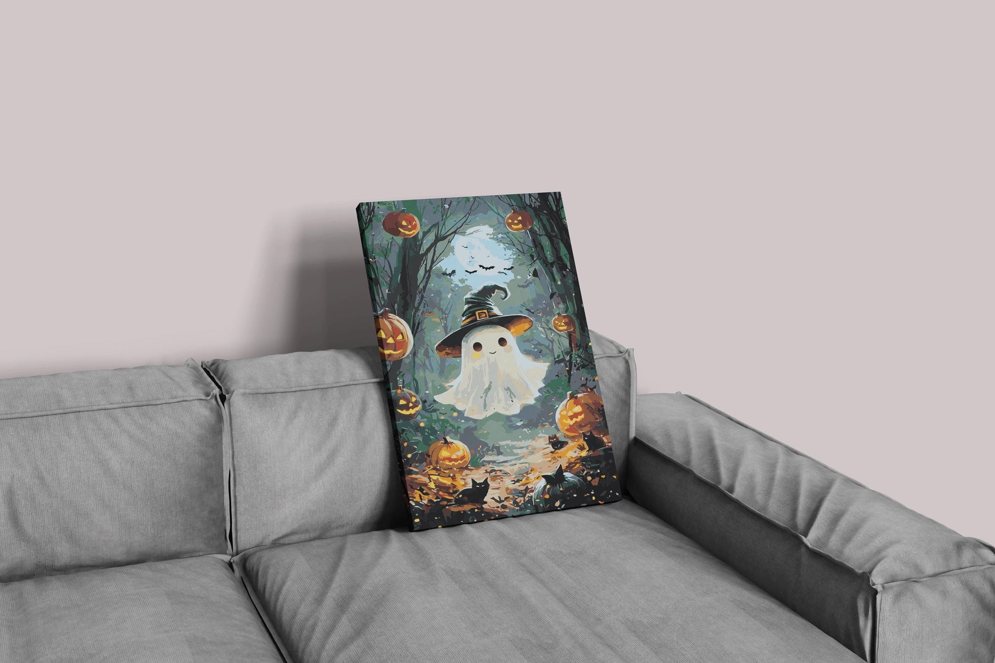 Cute Ghost Paint by Numbers Kit | Halloween Pumpkin DIY Painting | Witch Hat Ghost Canvas Wall Art for Adults Numerio