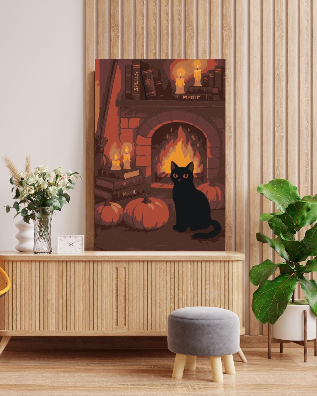 Black Cat Paint by Numbers Kit: Witchy Halloween Fireplace Art Numerio