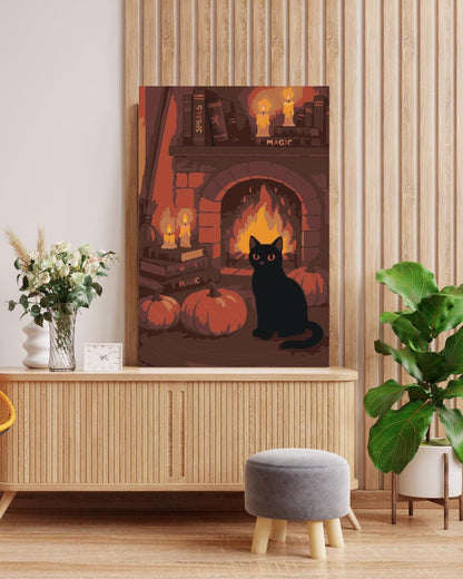Black Cat Paint by Numbers Kit: Witchy Halloween Fireplace Art Numerio