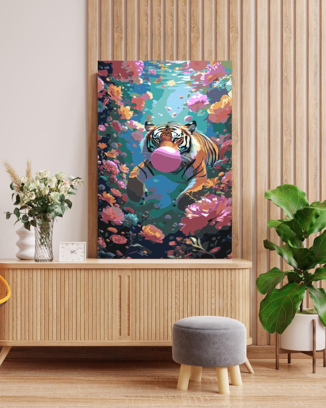 Tiger Paint by Numbers Kit: Underwater Floral DIY Painting, Funky Animal Art Numerio