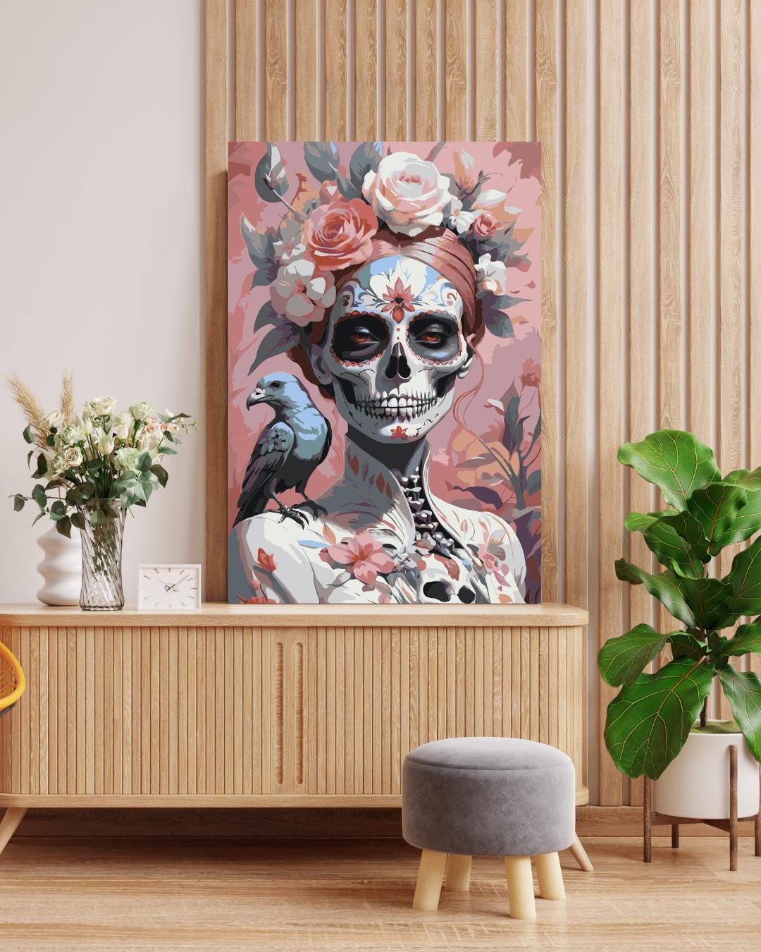 Sugar Skull Paint by Numbers Kit: Gothic Floral Skeleton DIY Canvas Art Numerio