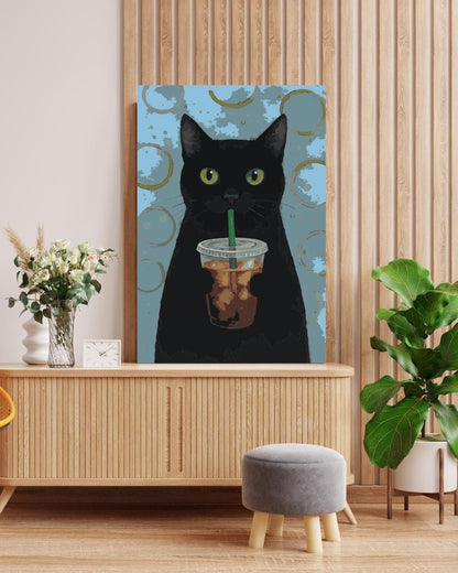 Black Cat Iced Coffee Paint By Numbers Kit: Funny DIY Cat Art Numerio