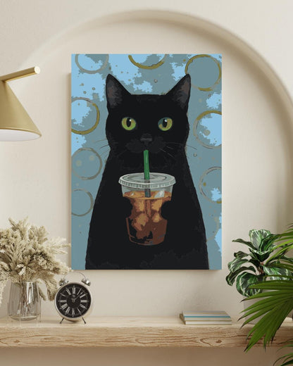 Black Cat Iced Coffee Paint By Numbers Kit: Funny DIY Cat Art Numerio