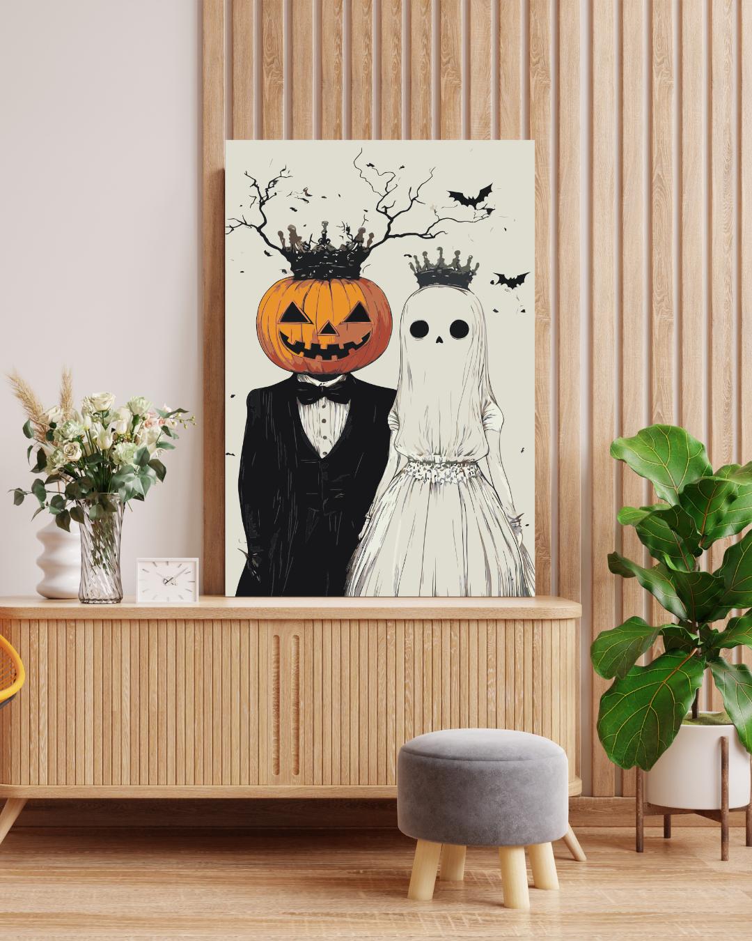Halloween Couple Paint By Numbers Kit | Pumpkin Head Groom & Ghost Bride DIY Painting | Spooky Gothic Wall Art | Creepy Cute Adult Craft Kit Numerio
