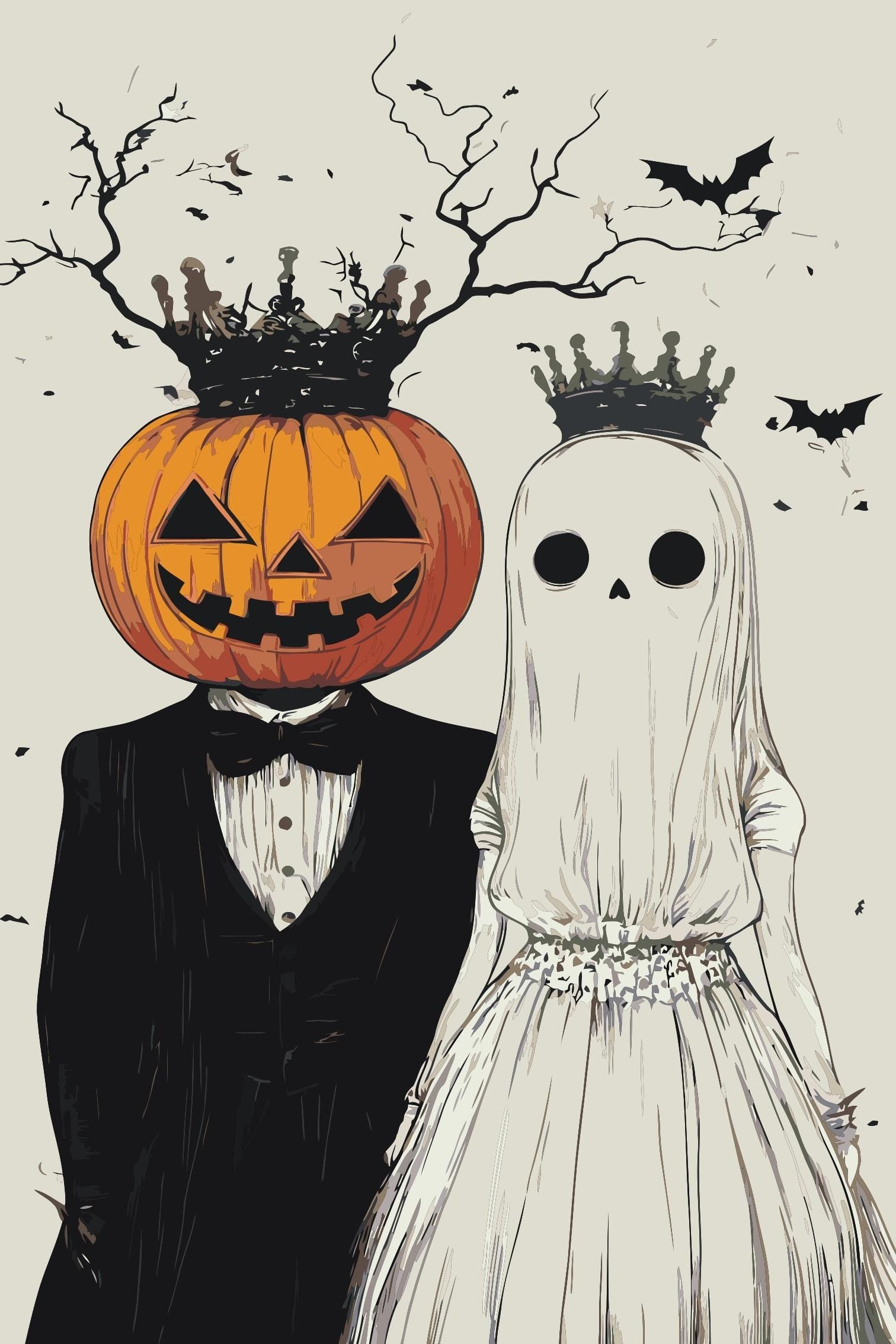 Halloween Couple Paint By Numbers Kit | Pumpkin Head Groom & Ghost Bride DIY Painting | Spooky Gothic Wall Art | Creepy Cute Adult Craft Kit Numerio