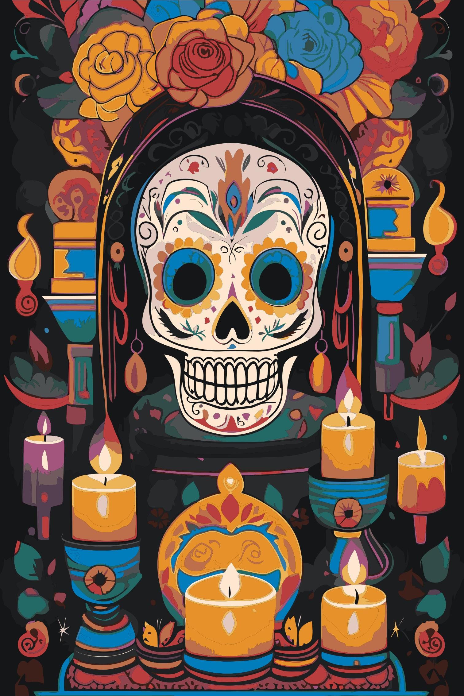 Day of the Dead Skull Paint by Numbers Kit – Vibrant Floral Sugar Skull DIY Painting, Mexican Festival Art Home Decor Numerio