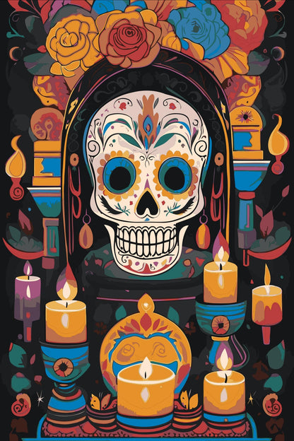Day of the Dead Skull Paint by Numbers Kit – Vibrant Floral Sugar Skull DIY Painting, Mexican Festival Art Home Decor Numerio
