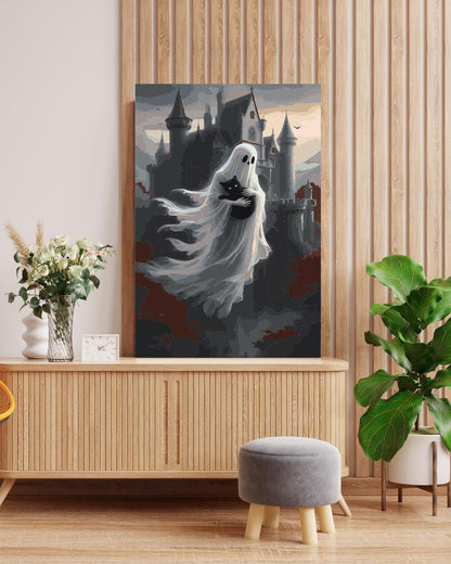 Gothic Ghost & Black Cat Paint by Numbers Kit: Spooky Halloween DIY Canvas Art Numerio