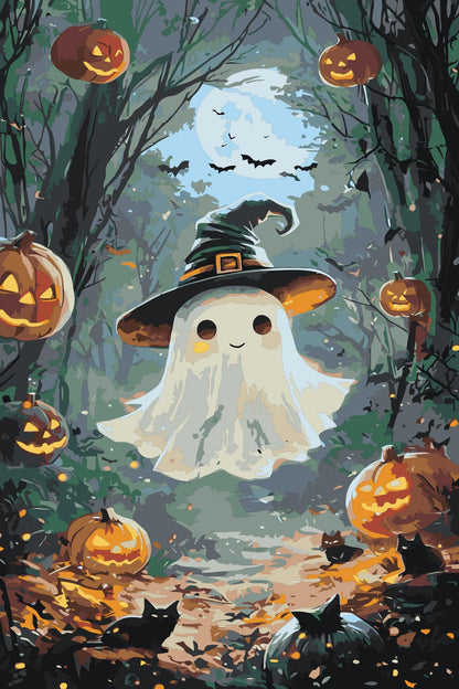 Cute Ghost Paint by Numbers Kit | Halloween Pumpkin DIY Painting | Witch Hat Ghost Canvas Wall Art for Adults Numerio
