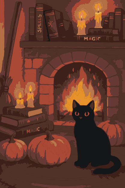 Black Cat Paint by Numbers Kit: Witchy Halloween Fireplace Art Numerio