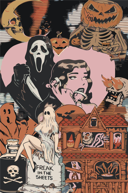 Halloween Horror Paint By Numbers Kit | Haunted House, Ghosts & Pumpkins | Spooky Retro DIY Canvas Art for Adults