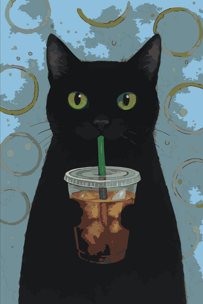 Black Cat Iced Coffee Paint By Numbers Kit: Funny DIY Cat Art Numerio