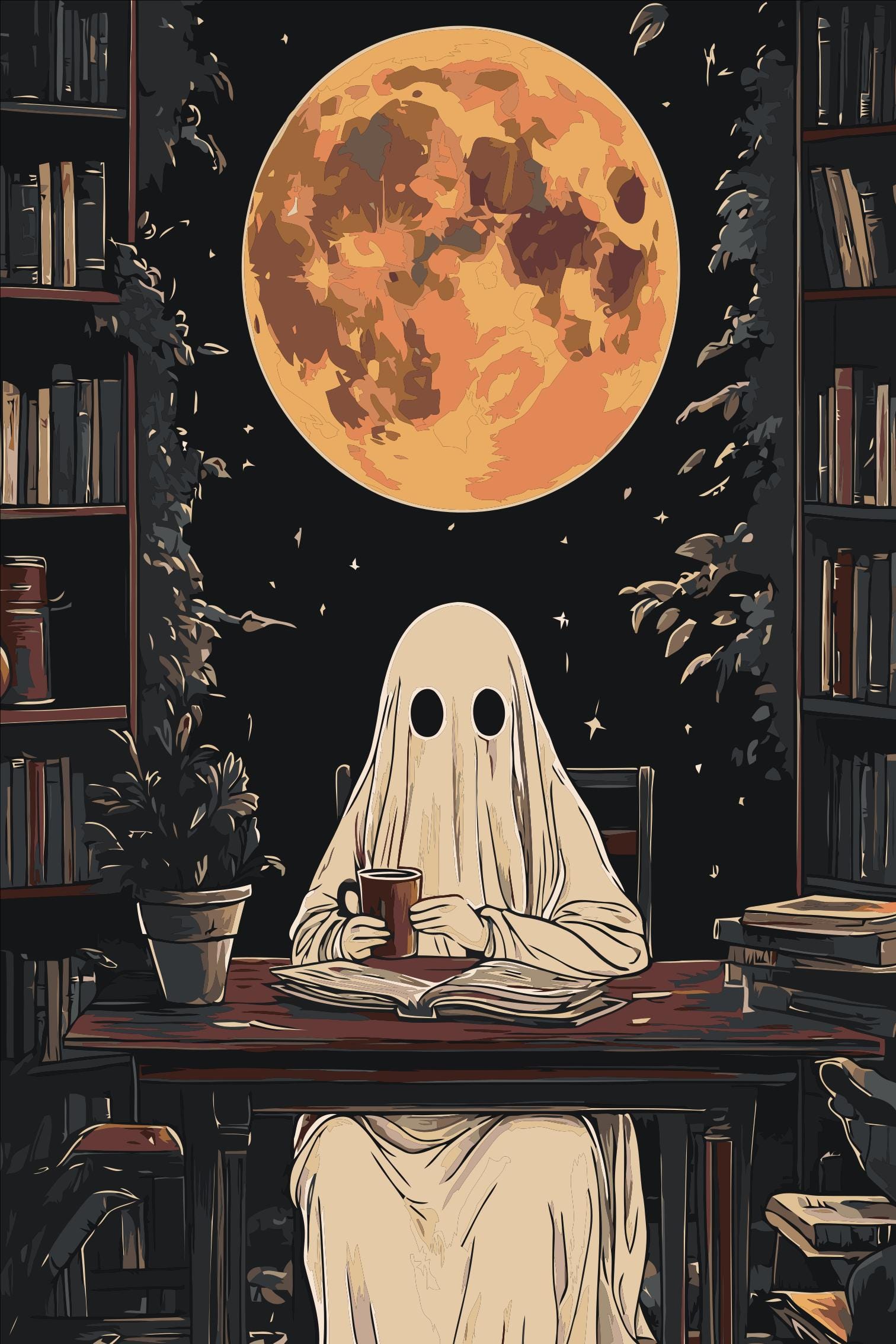 Ghost Reading Under Moon Paint By Numbers Kit: Spooky Halloween DIY Art Numerio