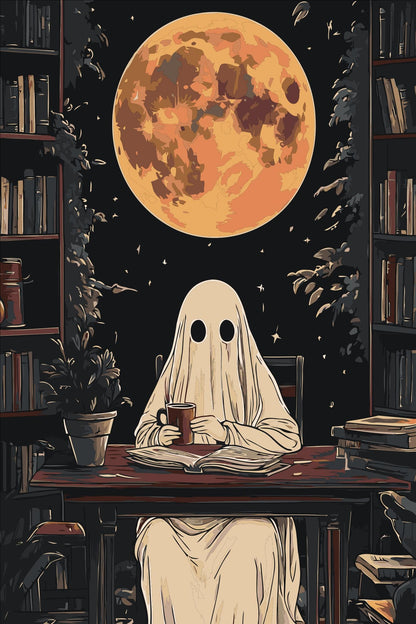 Ghost Reading Under Moon Paint By Numbers Kit: Spooky Halloween DIY Art Numerio