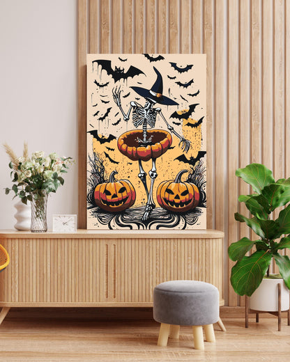 Skeleton Witch Paint By Numbers Kit | Funny Halloween Pumpkin Dance DIY Painting | Spooky Gothic Wall Art | Creepy Cute Adult Craft Kit Numerio