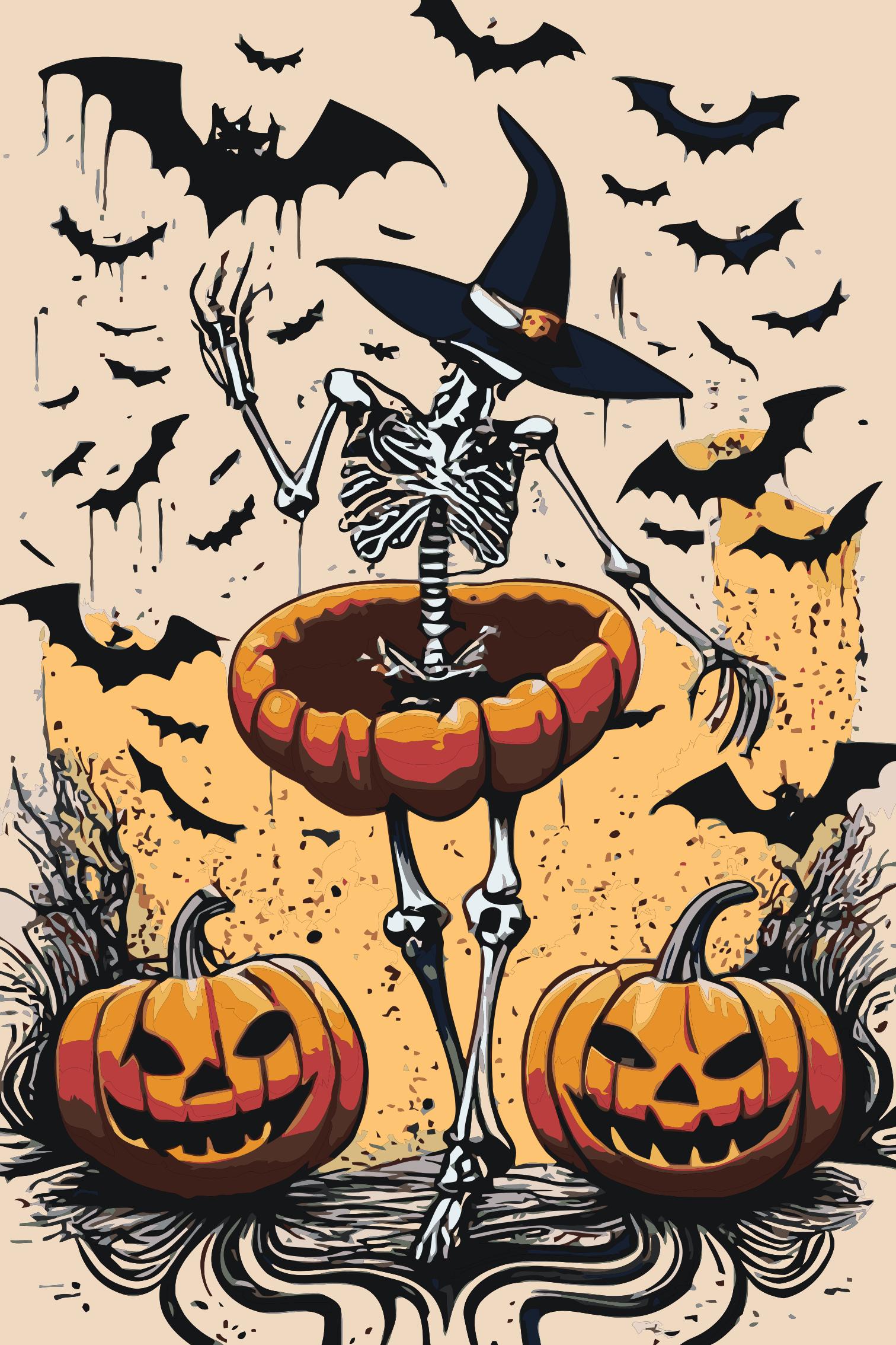 Skeleton Witch Paint By Numbers Kit | Funny Halloween Pumpkin Dance DIY Painting | Spooky Gothic Wall Art | Creepy Cute Adult Craft Kit Numerio