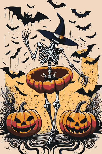 Skeleton Witch Paint By Numbers Kit | Funny Halloween Pumpkin Dance DIY Painting | Spooky Gothic Wall Art | Creepy Cute Adult Craft Kit Numerio