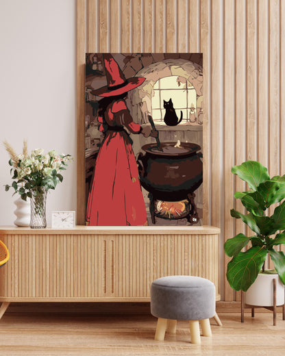 Witch and Black Cat Paint By Numbers Kit | DIY Halloween Canvas Art | Spooky Cauldron Scene Painting for Adults