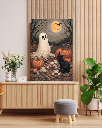 Ghost and Black Cat Halloween Paint By Numbers Kit | Pumpkin Tea Party DIY Canvas Art | Spooky Autumn Painting for Adults