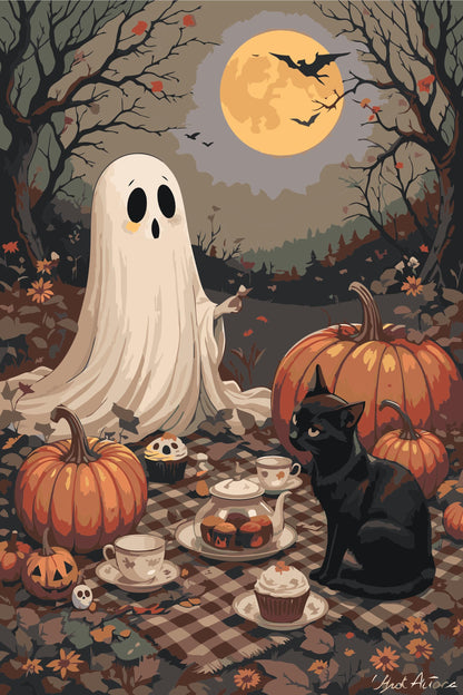 Ghost and Black Cat Halloween Paint By Numbers Kit | Pumpkin Tea Party DIY Canvas Art | Spooky Autumn Painting for Adults