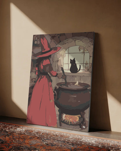 Witch and Black Cat Paint By Numbers Kit | DIY Halloween Canvas Art | Spooky Cauldron Scene Painting for Adults