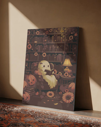 Ghost Reading in Library Paint By Numbers Kit: Spooky Halloween Pumpkin DIY Art for Adults