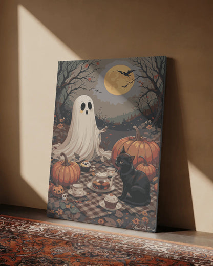 Ghost and Black Cat Halloween Paint By Numbers Kit | Pumpkin Tea Party DIY Canvas Art | Spooky Autumn Painting for Adults