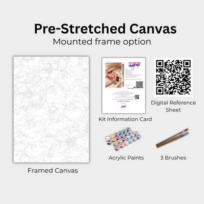 Pre-stretched canvas with mounted frame option, digital reference sheet, acrylic paints, and brushes on a white background.